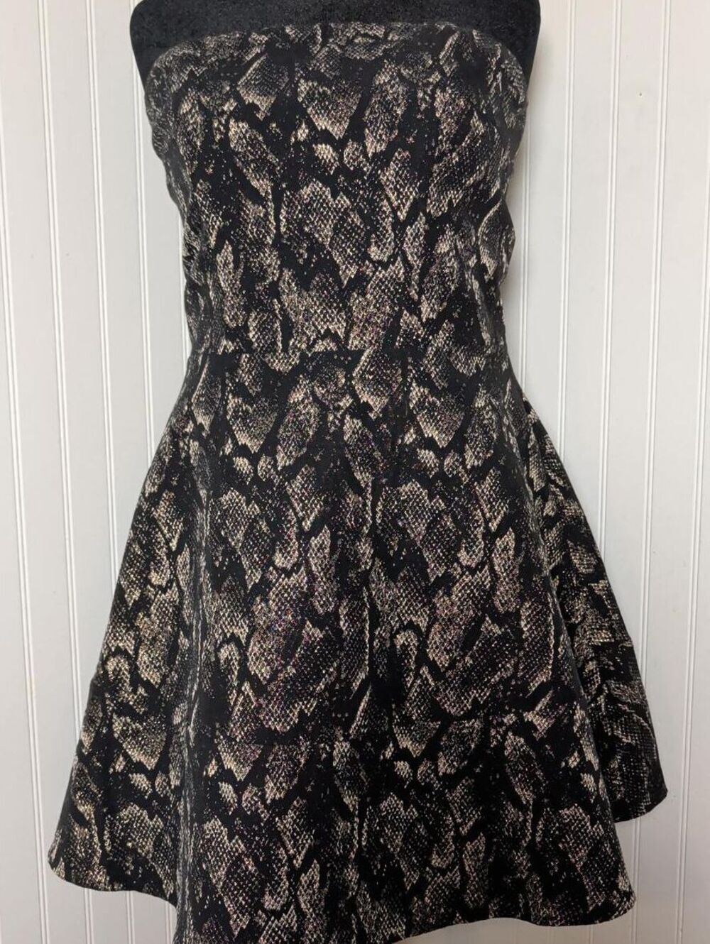 Express Metallic Gold & Black Snakeskin Strapless Fit & Flare Dress - Size 12